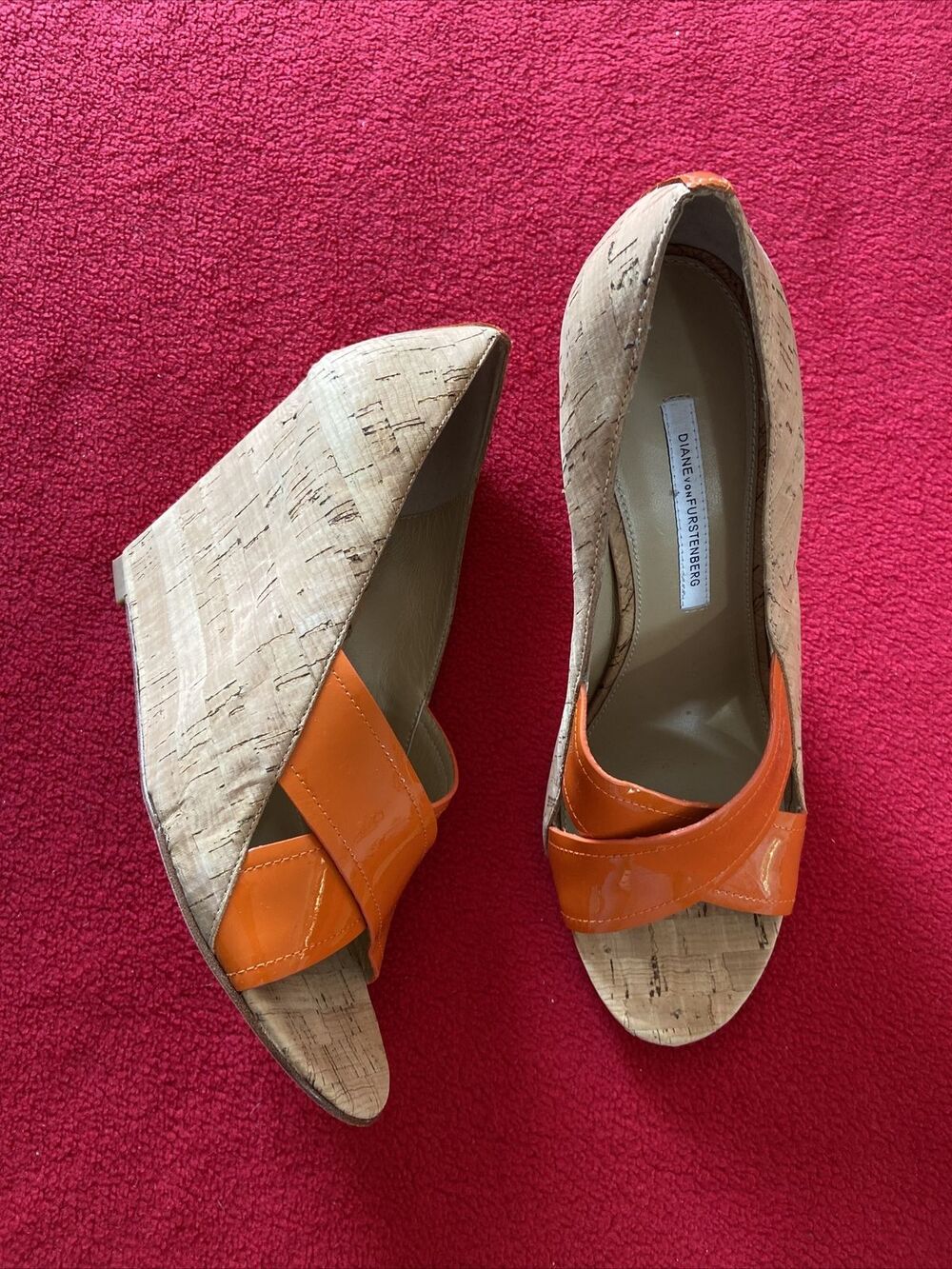 ORANGE WEDGES diane von furstenberg orange patent leather cork wedges size 10